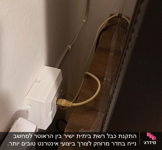 כבל רשת מחובר לשקע קיר לבן
